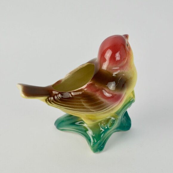 Vintage Royal Copley Kinglet Bird On a Branch Planter Red Beige Yellow Green - Picture 5 of 11